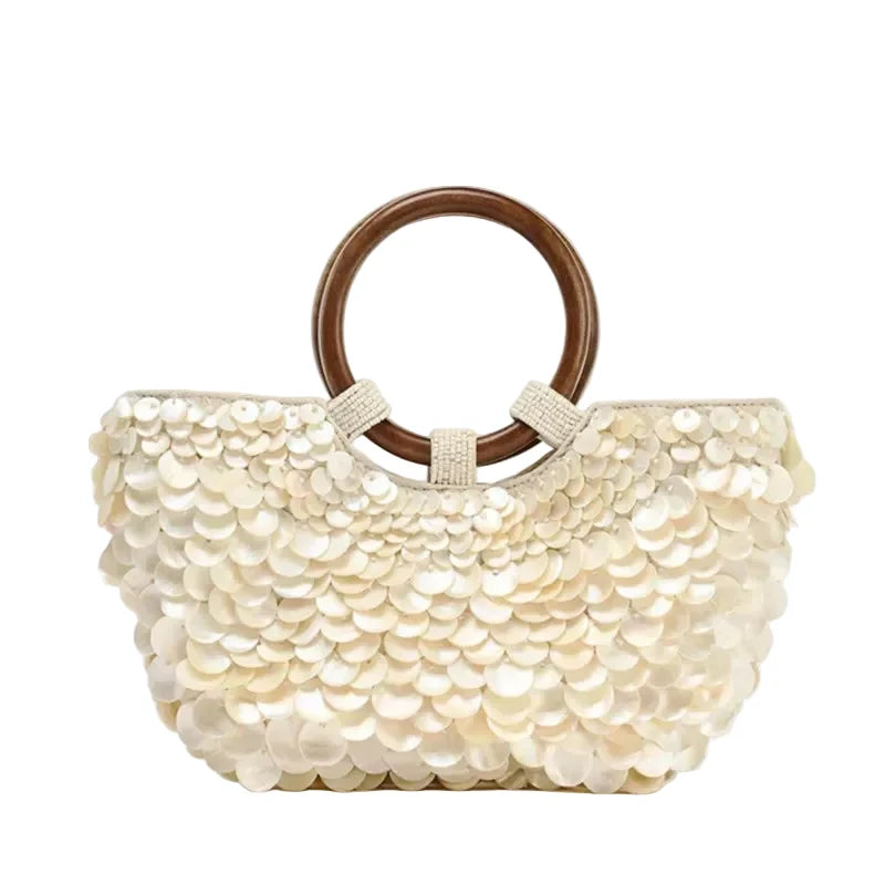 Boho Chic Perlmutt-Tasche mit Holzgriffen