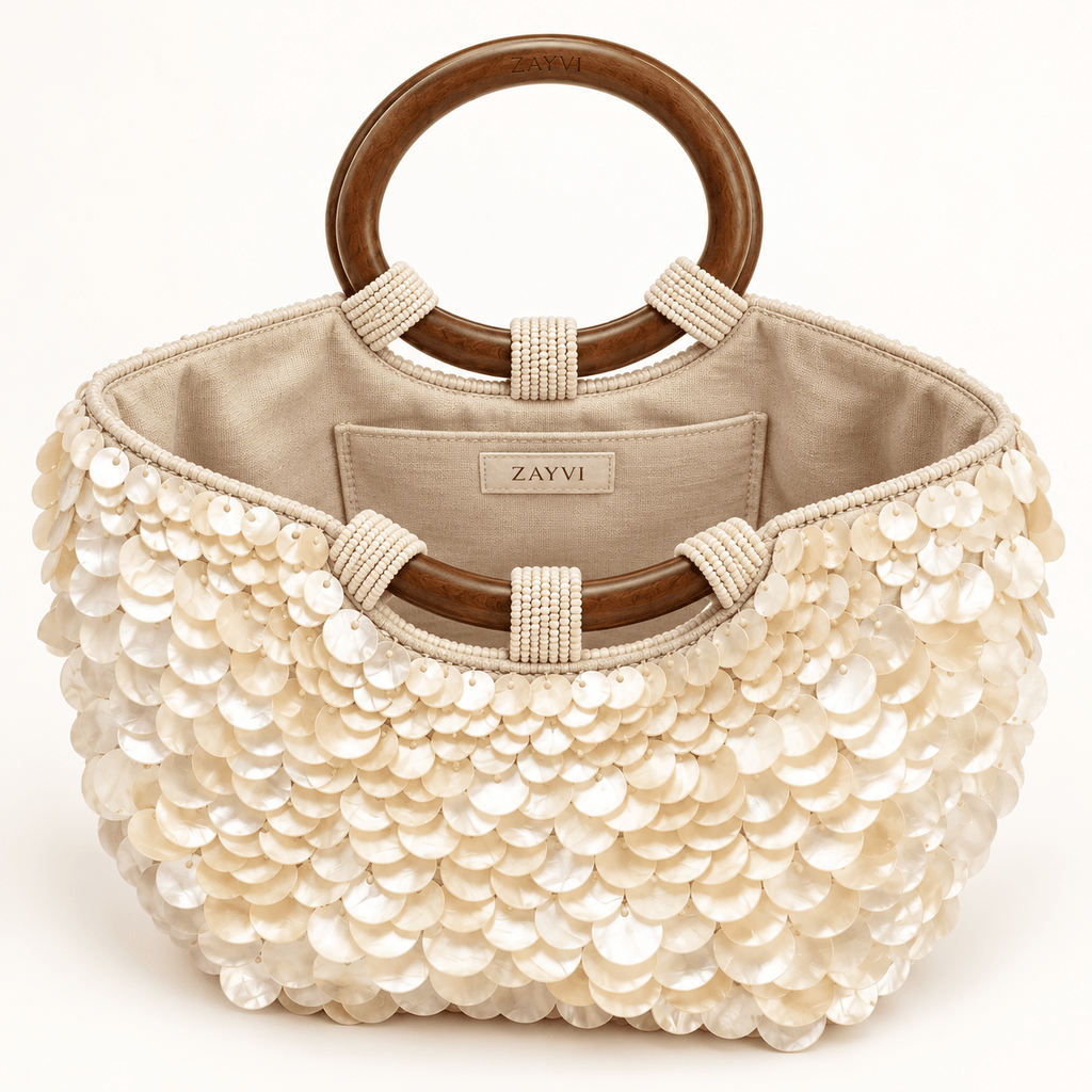 Boho Chic Perlmutt-Tasche mit Holzgriffen - ZAYVI