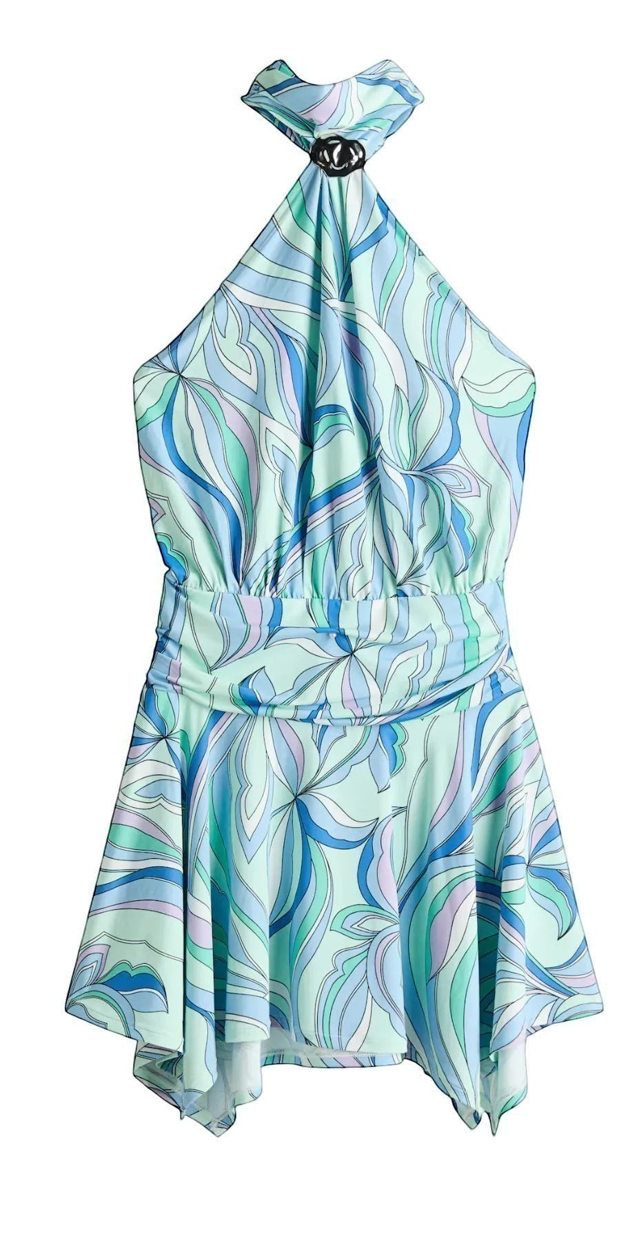 Miraee Paris Signature maxi dress in a light blue and purple abstract floral print with a halter neck and gathered waist