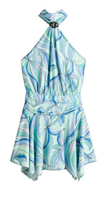 Miraee Paris Signature maxi dress in a light blue and purple abstract floral print with a halter neck and gathered waist