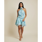 Miraee Paris signature mini dress with a blue and green abstract floral print, halter neck, and draped skirt.