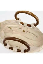 Boho Chic Perlmutt-Tasche mit Holzgriffen von oben, mit runden Holzgriffen und Innenfach.