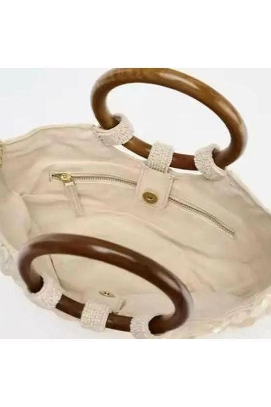 Boho Chic Perlmutt-Tasche mit Holzgriffen von oben, mit runden Holzgriffen und Innenfach.