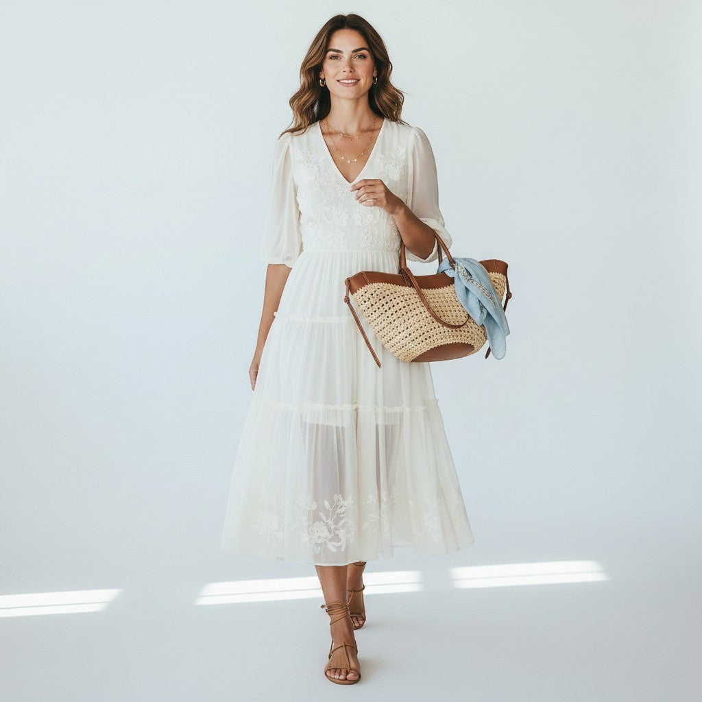 Miraee Paris woven shoulder bag in beige polyester with brown leather-look handles, carried by a woman in a white dress