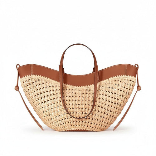 Miraee Paris woven shoulder bag with beige straw-look polyester and brown leather-style trim details