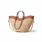 Miraee Paris woven shoulder bag in beige and brown with leather-look trim and comfortable carry handles.