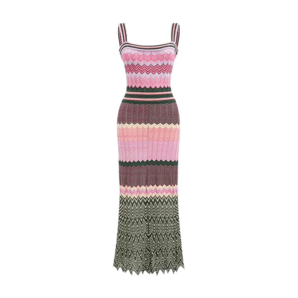 ZigZag Muse Knit Dress – Sunset Vibes, farbenfrohes Zickzack-Muster in Pink und Sunset-Farben für fröhliche Sommerlooks.