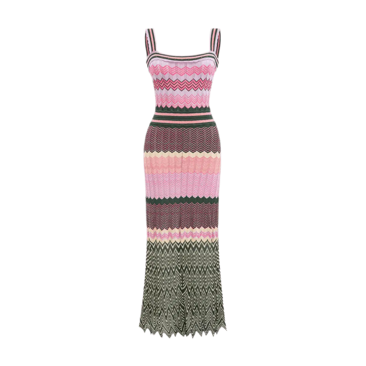 ZigZag Muse Knit Dress – Sunset Vibes, farbenfrohes Zickzack-Muster in Pink und Sunset-Farben für fröhliche Sommerlooks.