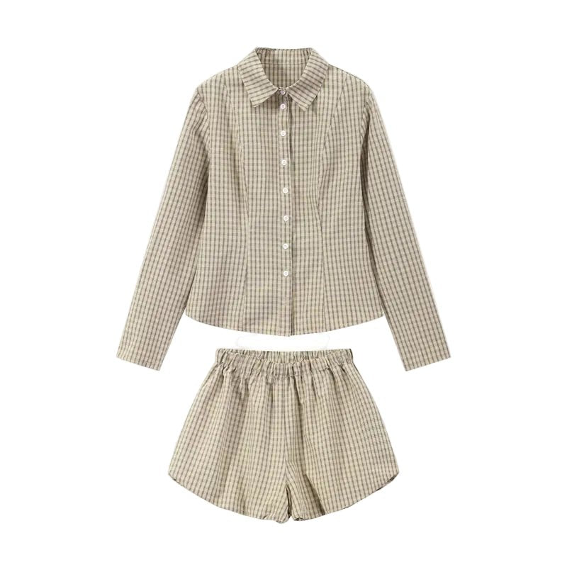 Plaid Women's Shorts Sets Casual Lapel Single Breasted Shirts Tops Bubble Short Pants Outfit Female 2026 Spring Woman Streetwear - ZAYVI